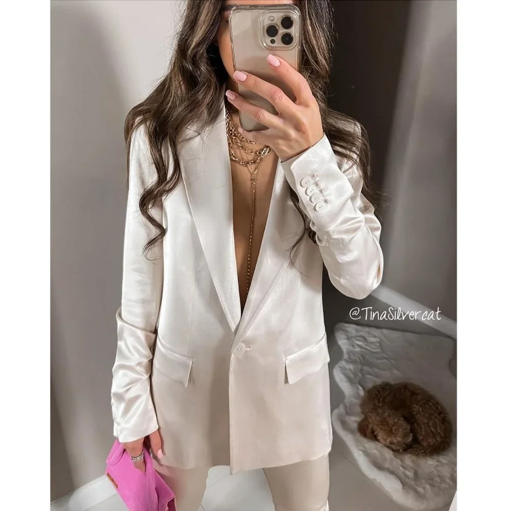 BLOGGER'S FAVE! Zara Suit Set Satin Ruched Blazer And Pants Ivory NWT